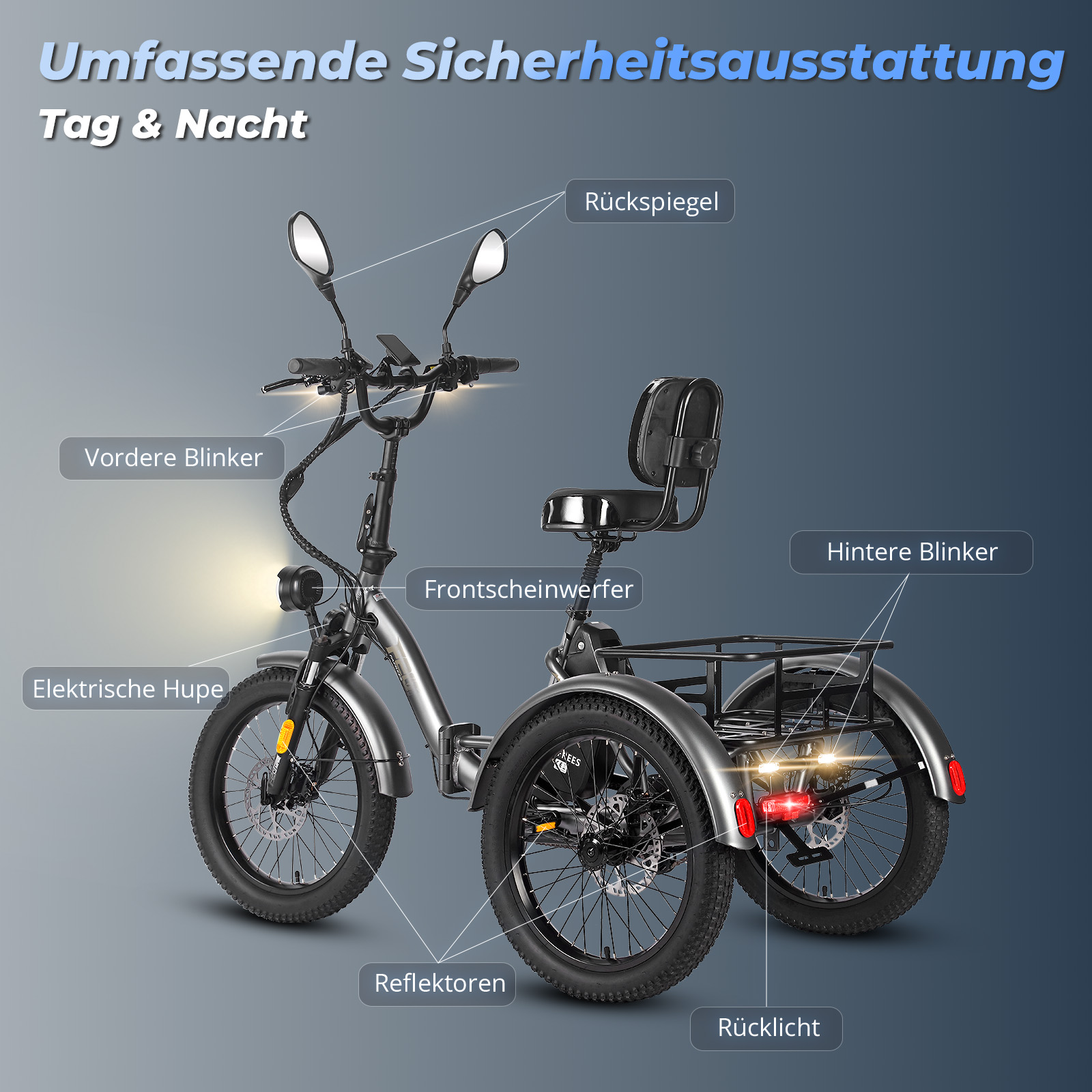 Silbernes Elektrodreirad mit Sicherheitsmerkmalen: Lichter, Spiegel und Blinker. Beschriftete Komponenten für Tag und Nacht.