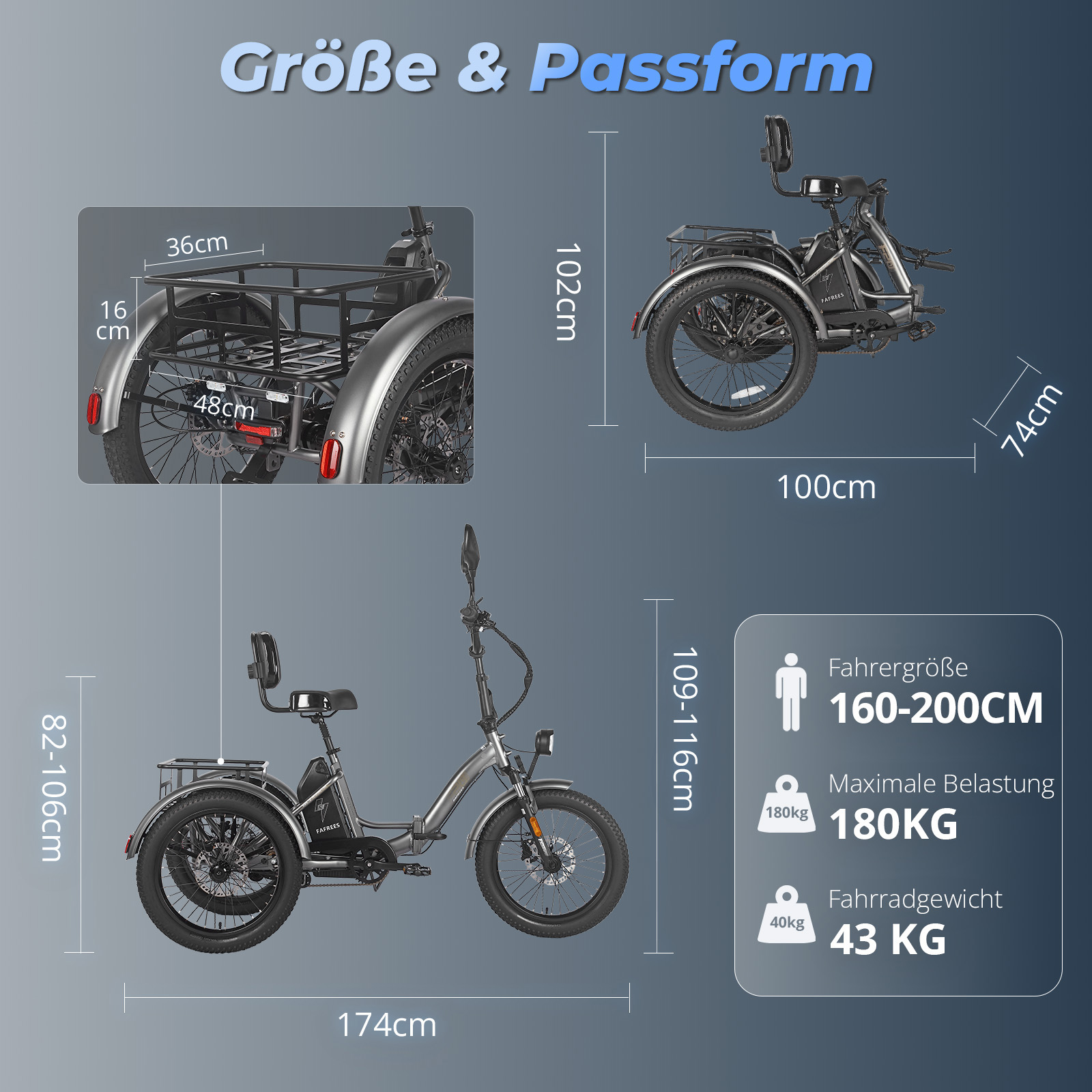 Dreirad mit Maßangaben. Es hat einen Korb, einen Sitz und einen Motor. Maße sind in cm und kg.
