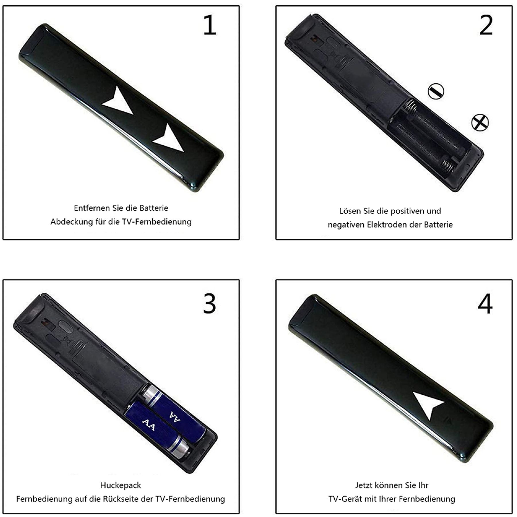 Vier Bilder, die Schritt für Schritt zeigen, wie man eine Fernbedienung öffnet, Batterien einlegt und sie schließt.