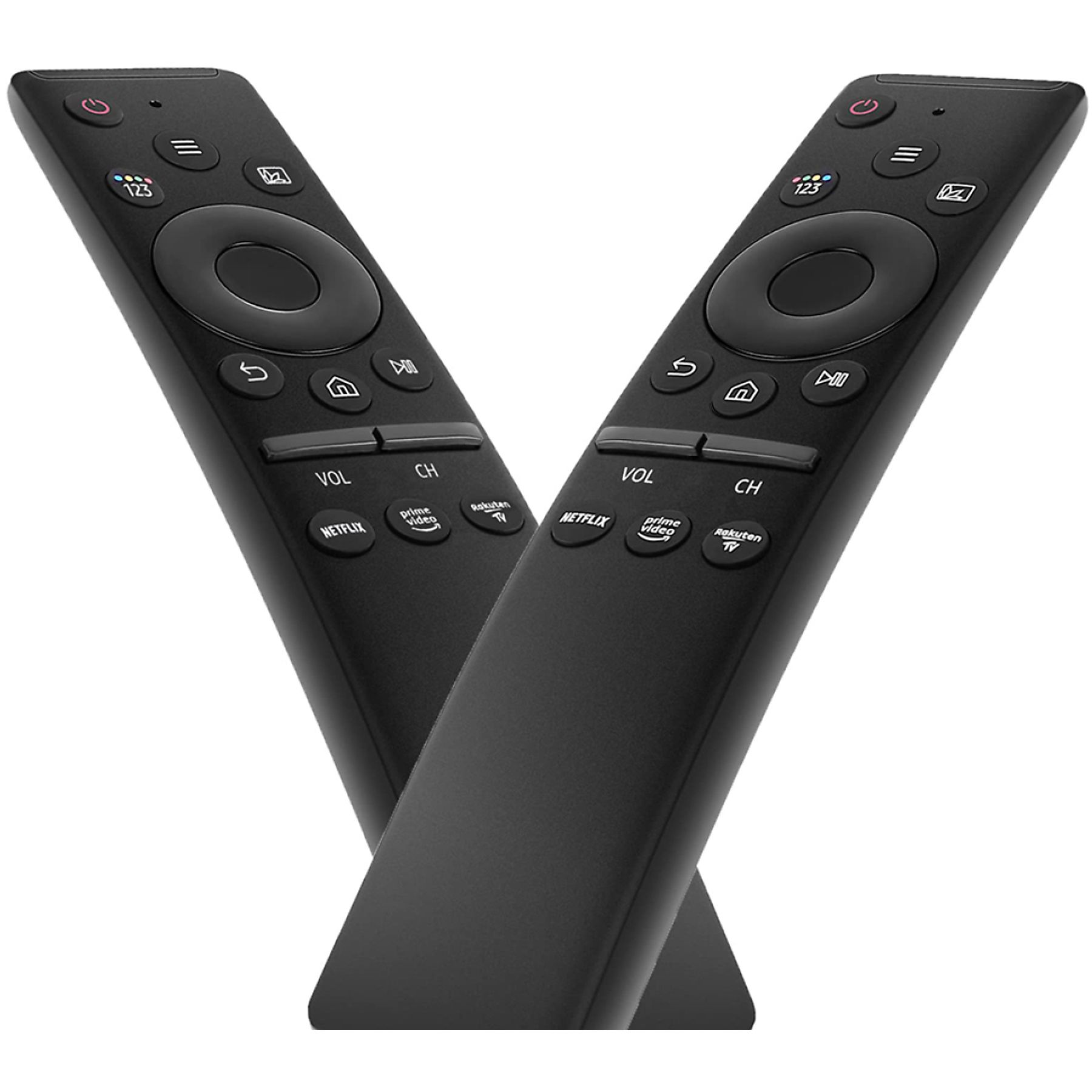 Zwei schwarze TV-Fernbedienungen, abgewinkelt und gekreuzt, mit mehreren Tasten.
