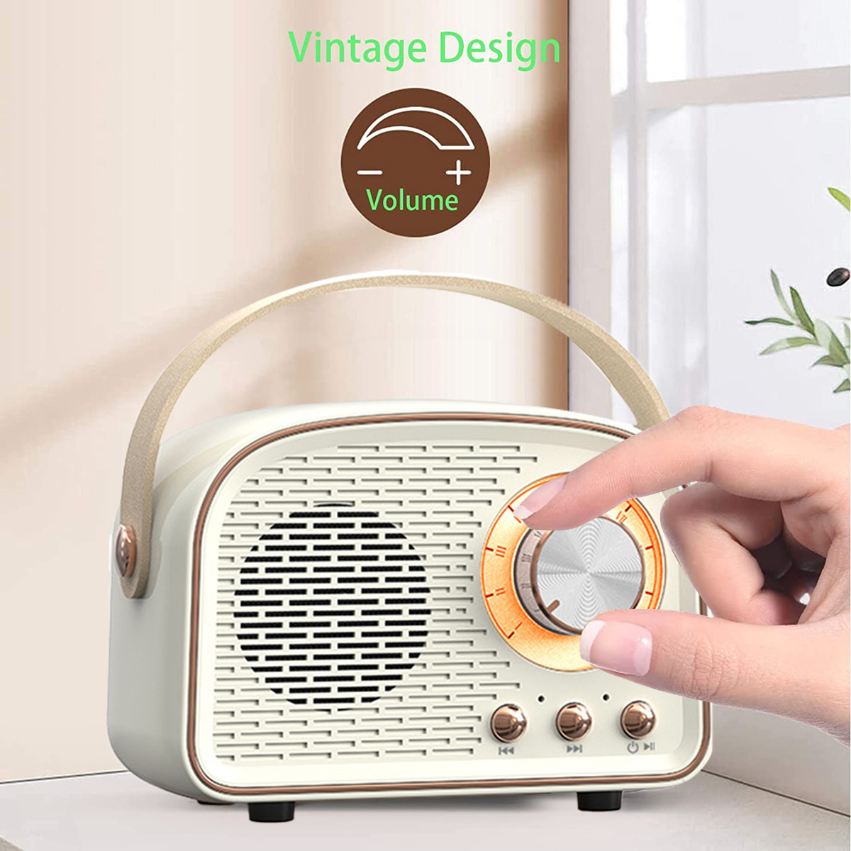 Radio im Vintage-Stil, mit einer Hand, die den Lautstärkeregler dreht.