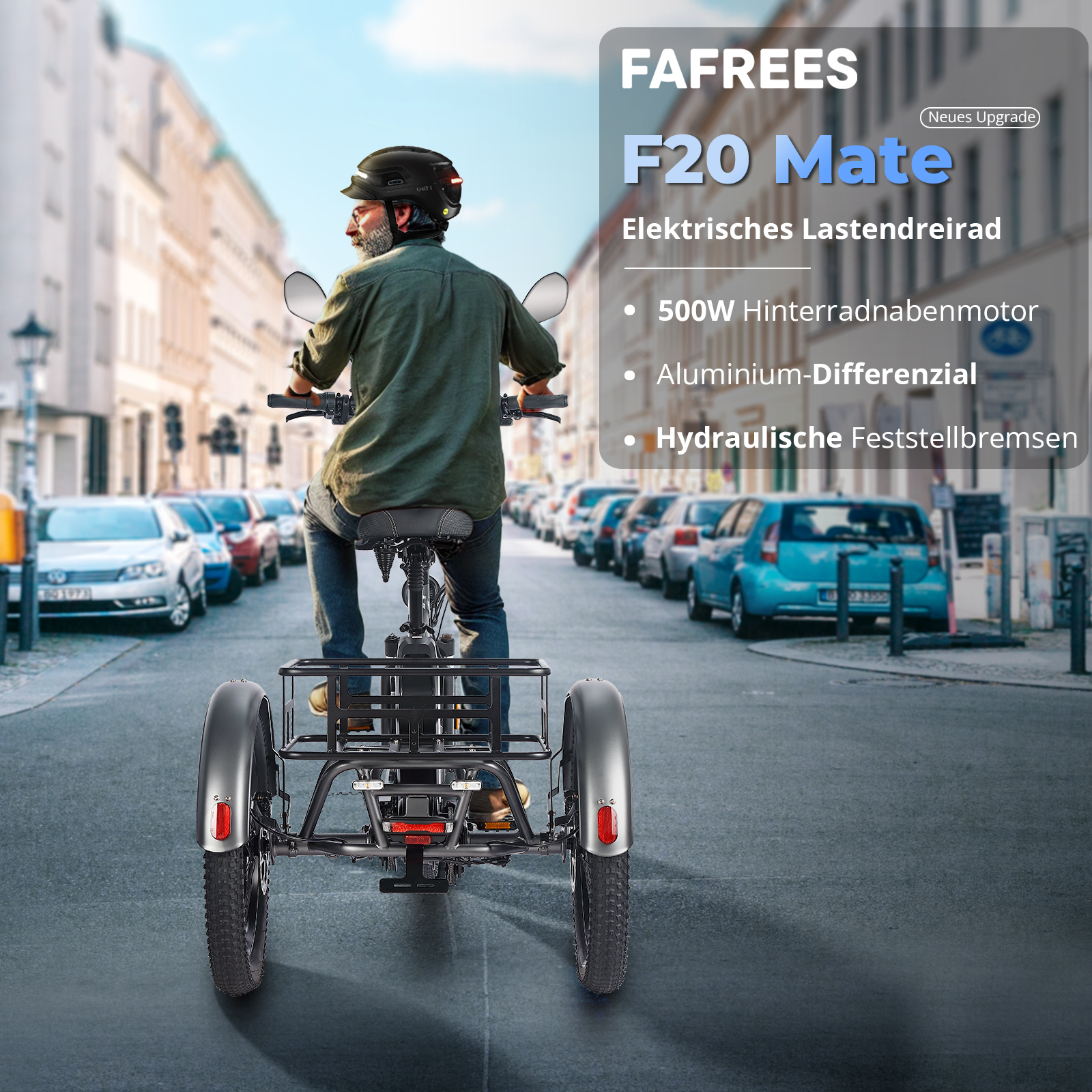 Mann fährt ein Cargo-E-Bike auf einer Stadtstraße, Rückansicht.