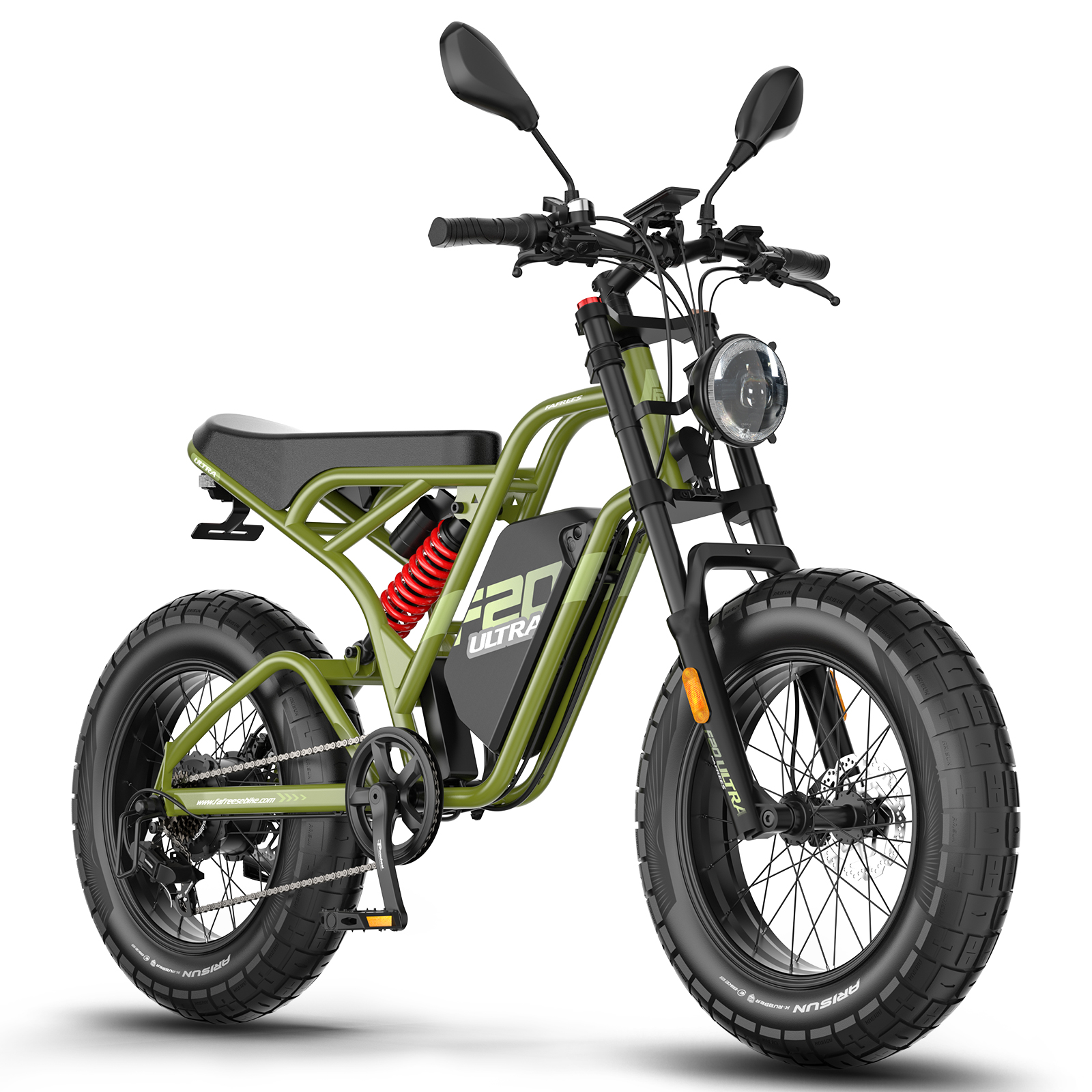 Bicicleta eléctrica verde con llantas negras, luces y resorte rojo. Fondo blanco.