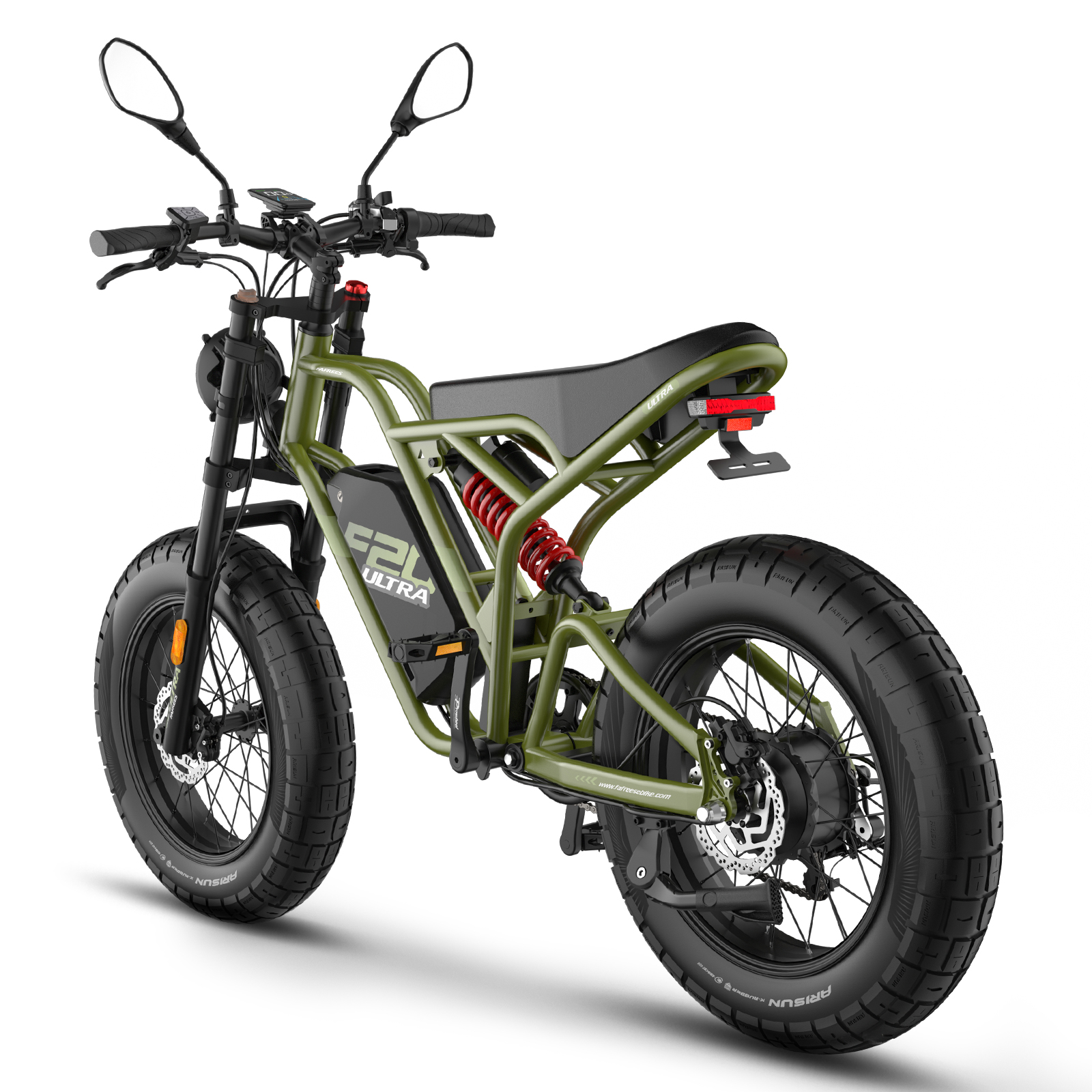 Motocicleta eléctrica verde con neumáticos grandes, componentes negros y espejos.