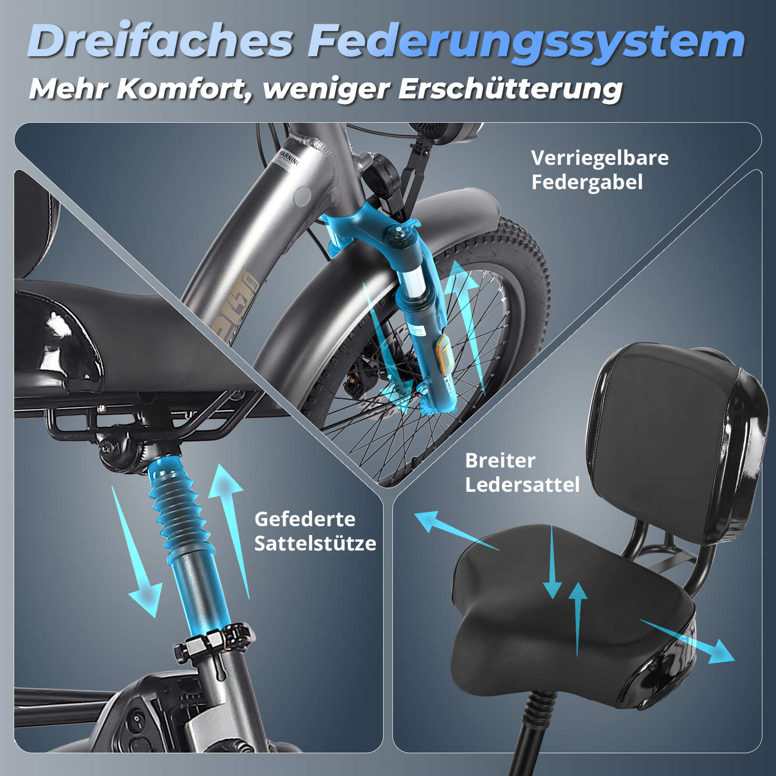 Ein Diagramm eines Fahrrads mit Fokus auf seine Federungskomponenten.