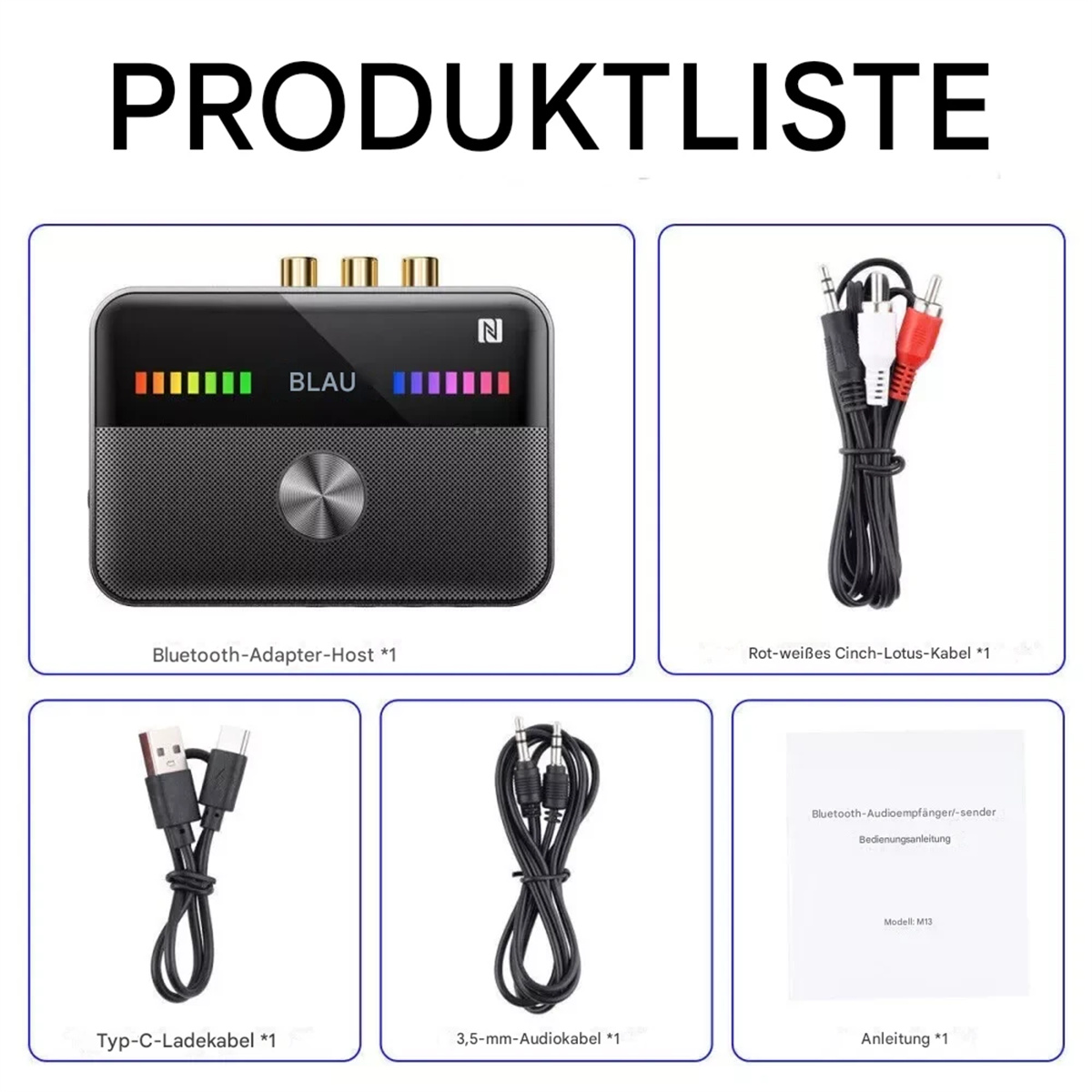 Eine Produktliste mit einem schwarzen Audioadapter, Kabeln und einer Bedienungsanleitung. Es gibt einen Bluetooth-Adapter.