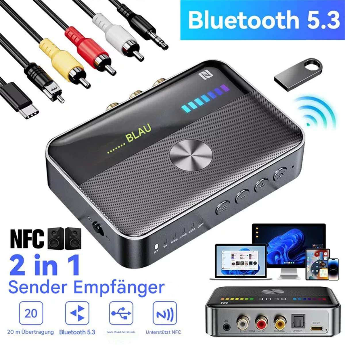 Ein schwarzer und silberner Audioempfänger mit verschiedenen Ein- und Ausgängen, USB-Dongle und Kabeln.