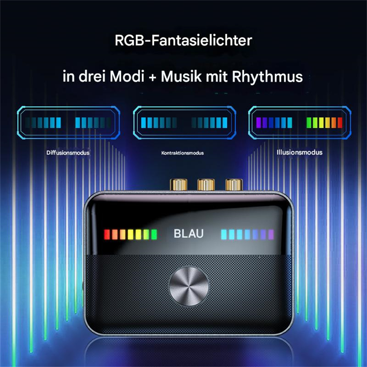 Schwarzes RGB-Gerät mit Lichtmustern und drei Anzeigemodi.