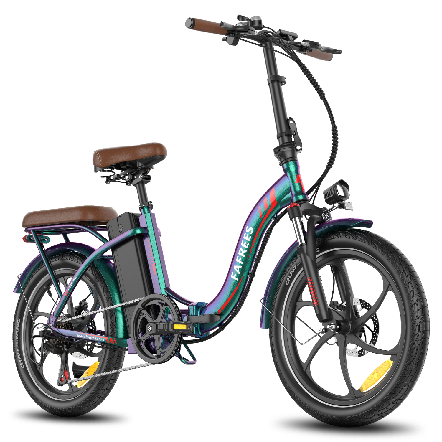 Faltbares Elektrofahrrad, lila und grün, auf weißem Hintergrund.