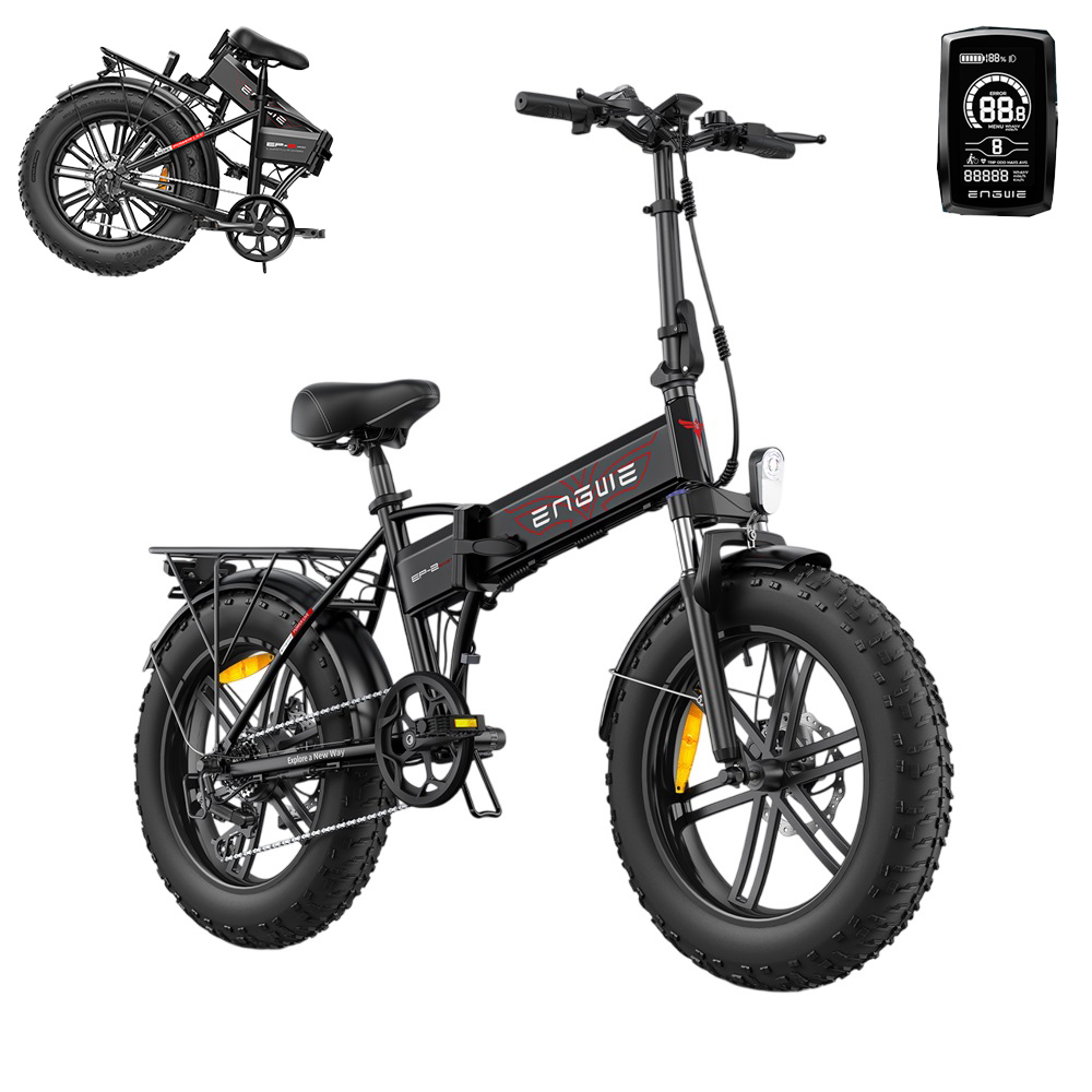 Schwarzes, zusammenklappbares Elektrofahrrad von ENGWE, mit zusätzlicher gefalteter Ansicht und Display.
