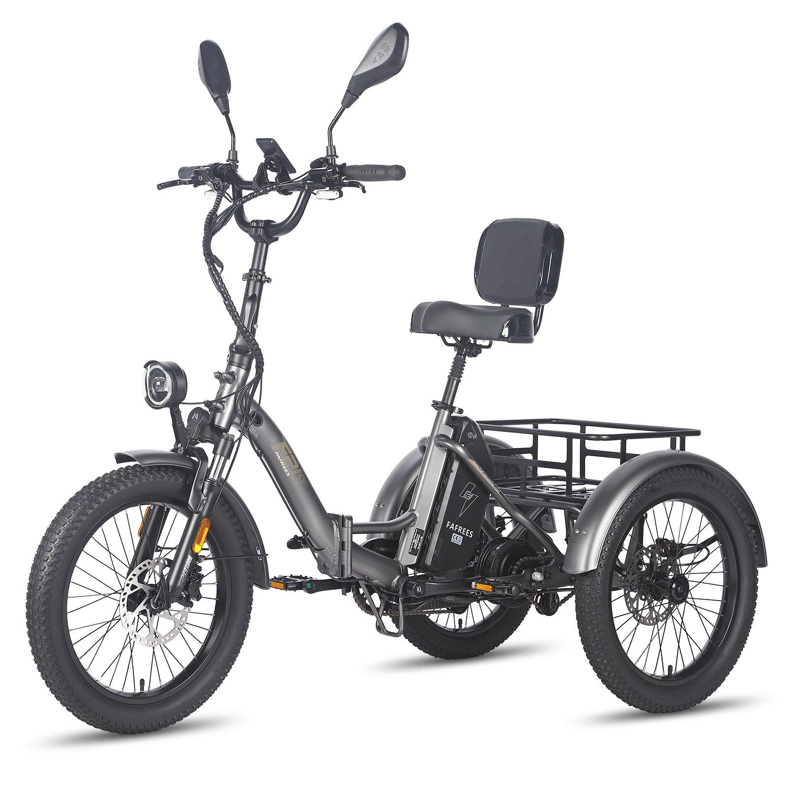 Graues Elektro-Trike mit schwarzen Rädern und einem Korb.