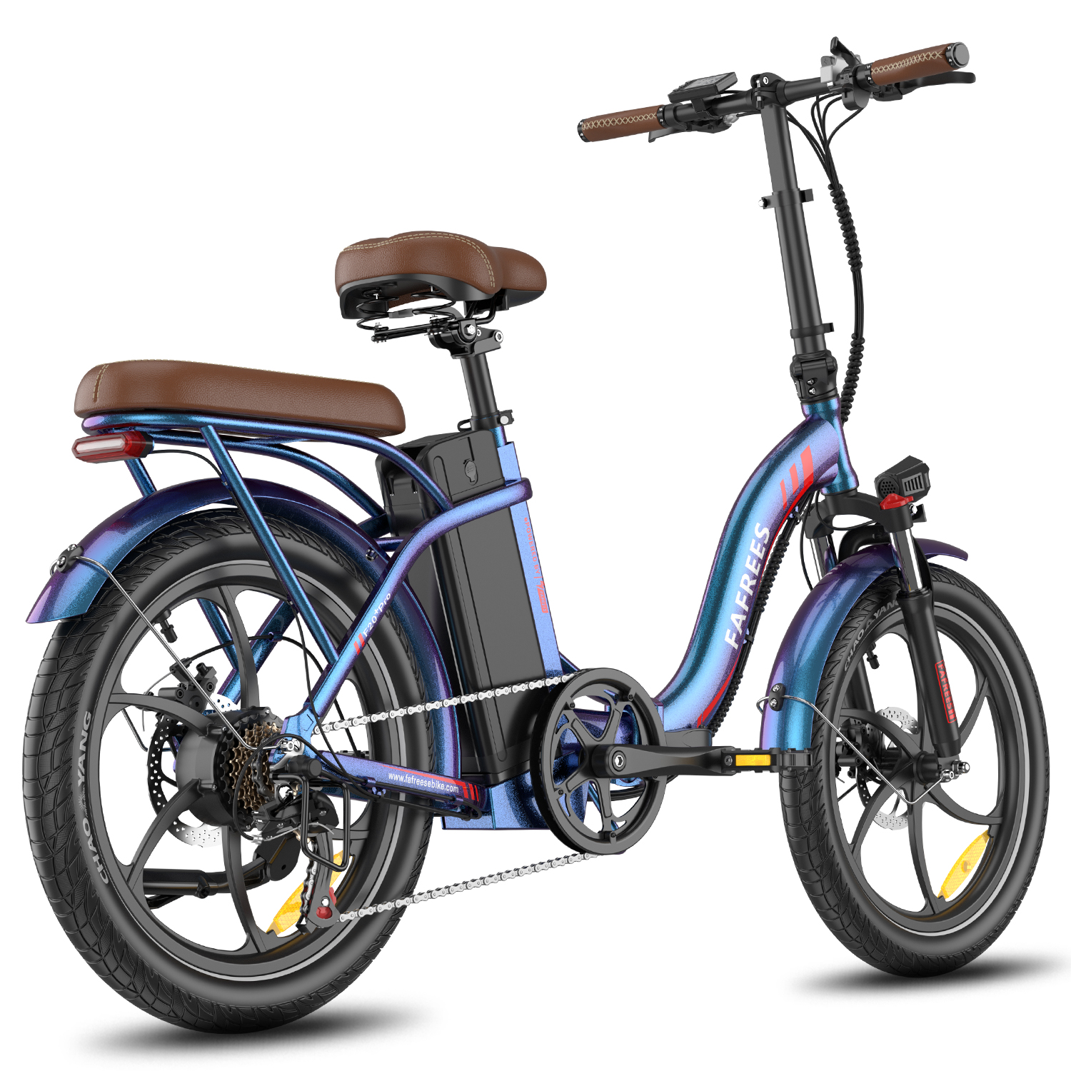 Blaues Elektrofahrrad mit braunem Sitz und Lenker. Schwarzer Akku und Gepäckträger.