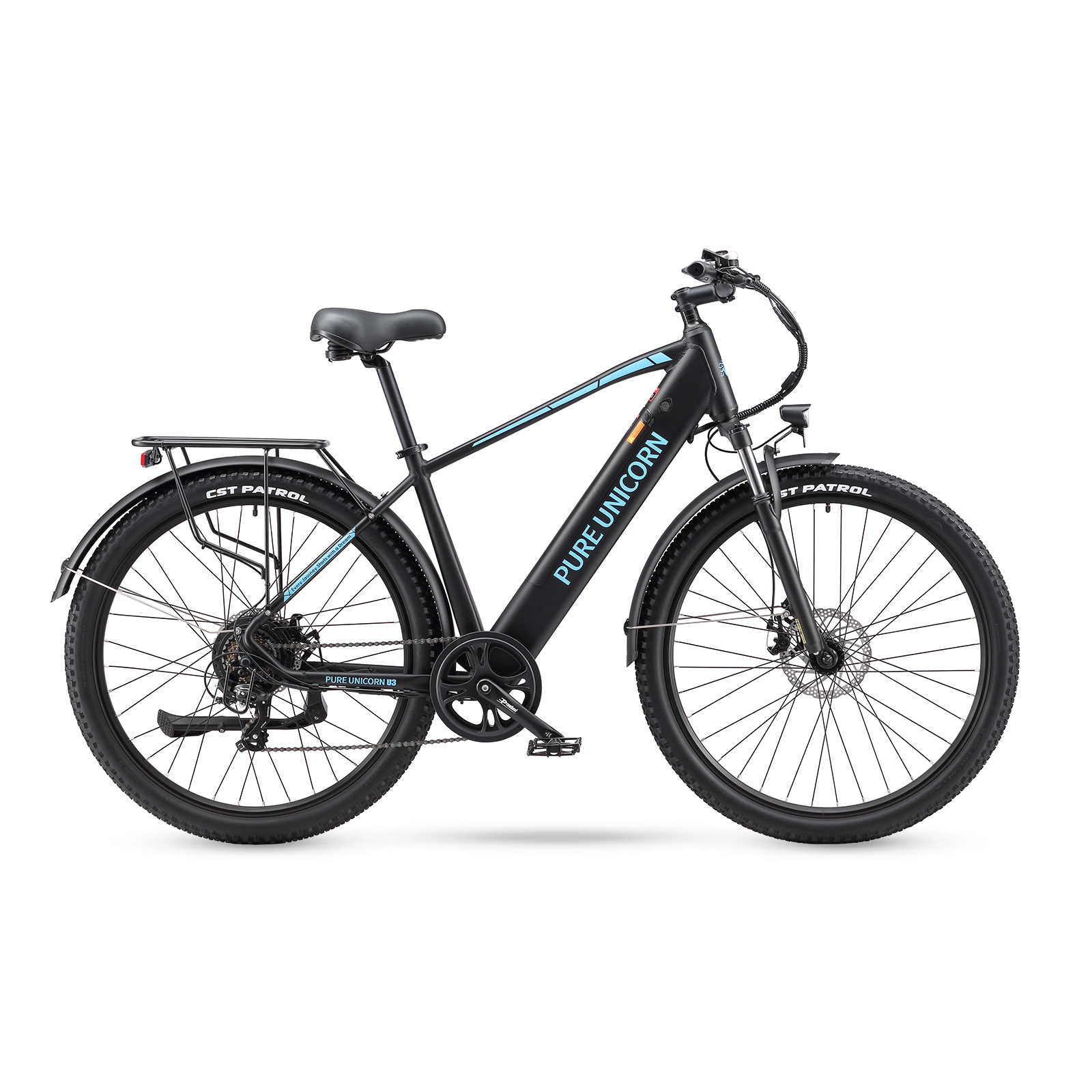 Czarny rower elektryczny z logo "PURE UNICORN". Posiada czarne opony, niebieskie akcenty i bagażnik.