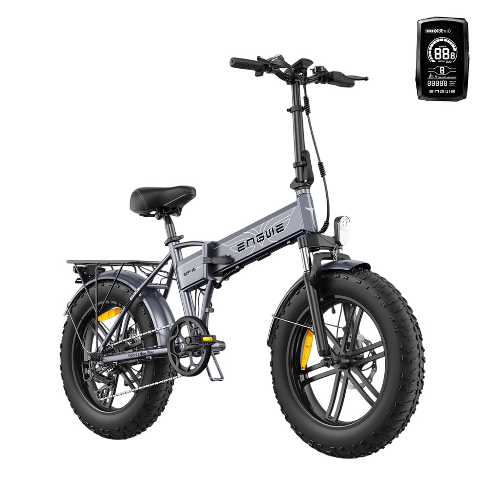 Graues, zusammenklappbares Elektrofahrrad mit breiten Reifen, Digitalanzeige und Gepäckträger.