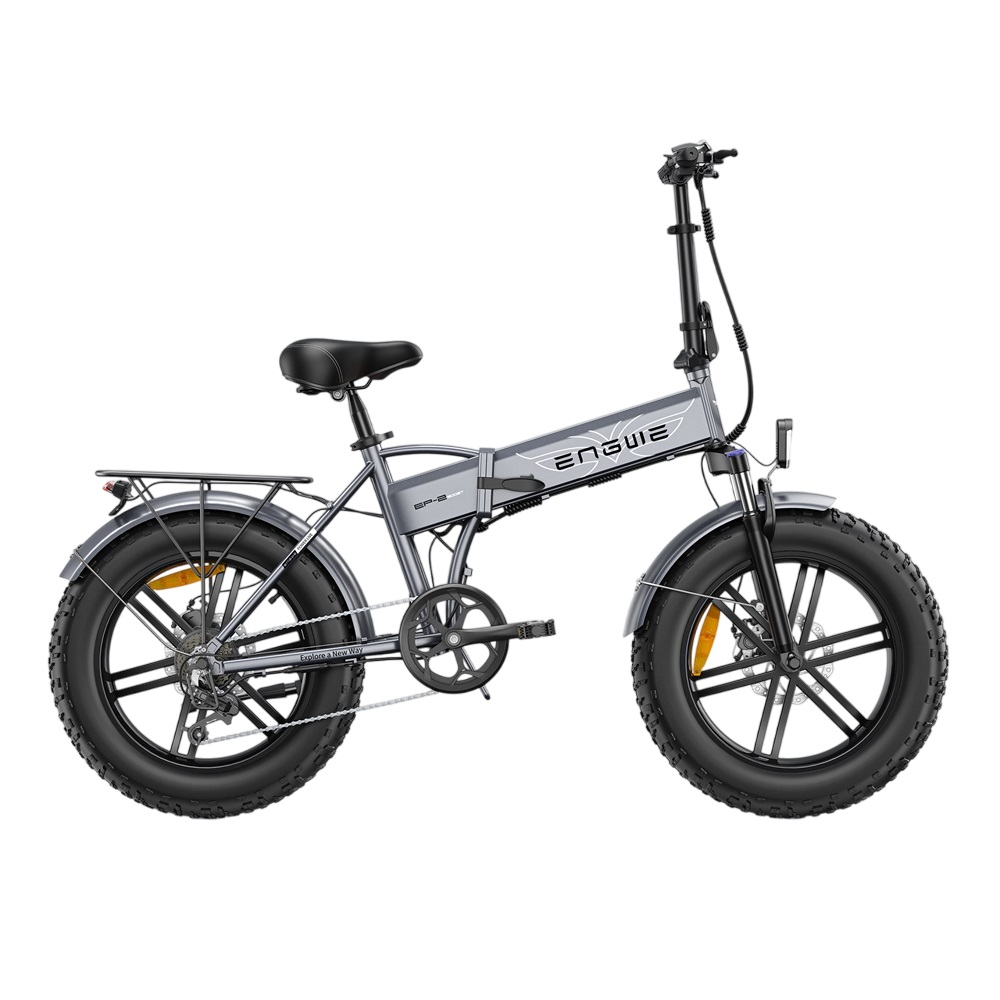 Ein graues, elektrisches Klappfahrrad mit großen Reifen, auf weißem Hintergrund.