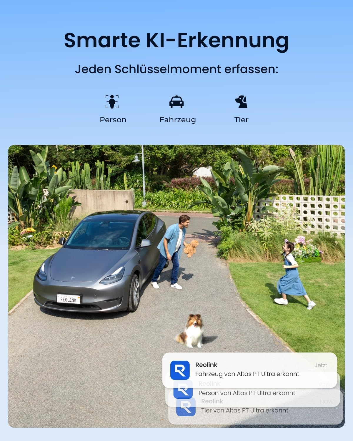 Ein Sicherheitskamera-Bild zeigt ein Auto, einen Mann und einen Hund auf einer Einfahrt und ein Mädchen, das auf dem Rasen rennt.