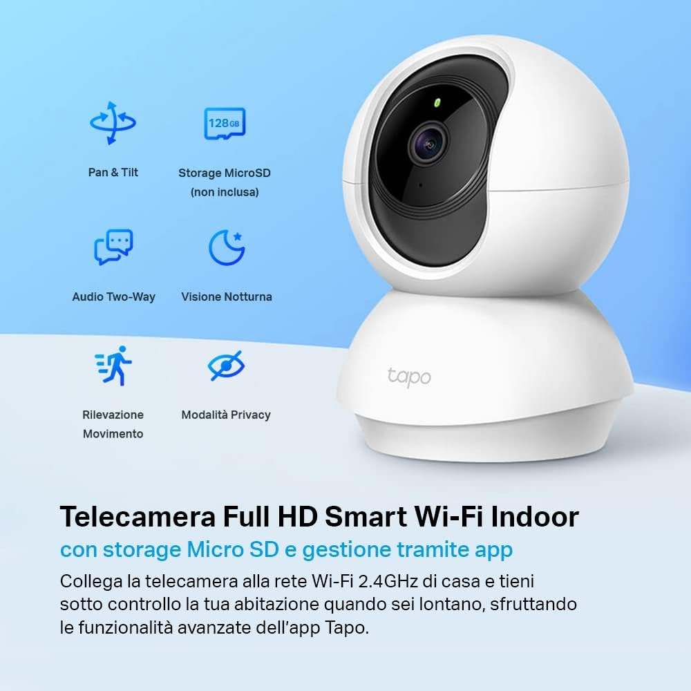 Weiße Smart-Wi-Fi-Innenkamera mit Symbolen und Text, der ihre Funktionen beschreibt.