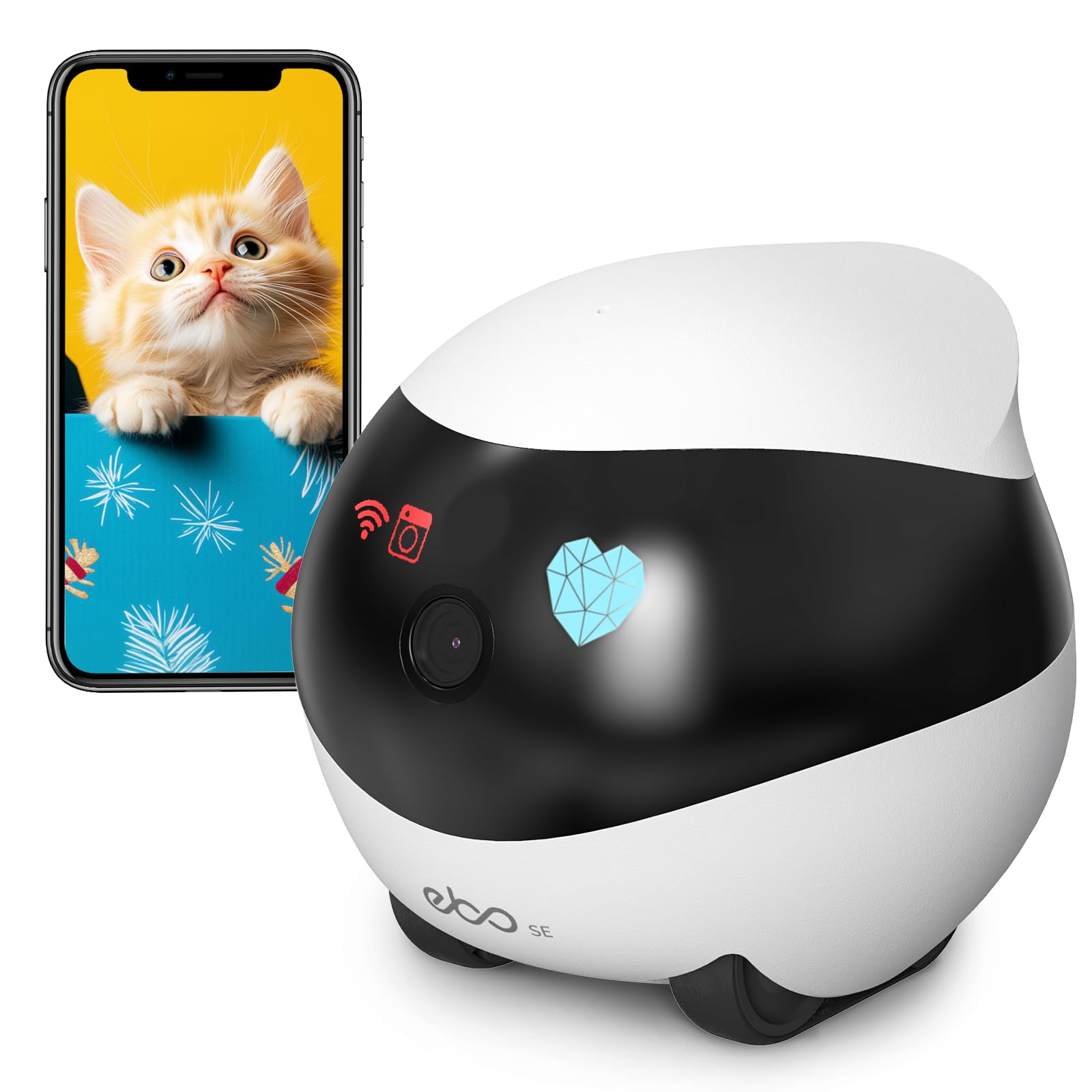 Ein weiß-schwarzer Roboter mit Katze auf dem Handy-Bildschirm, vor weißem Hintergrund.