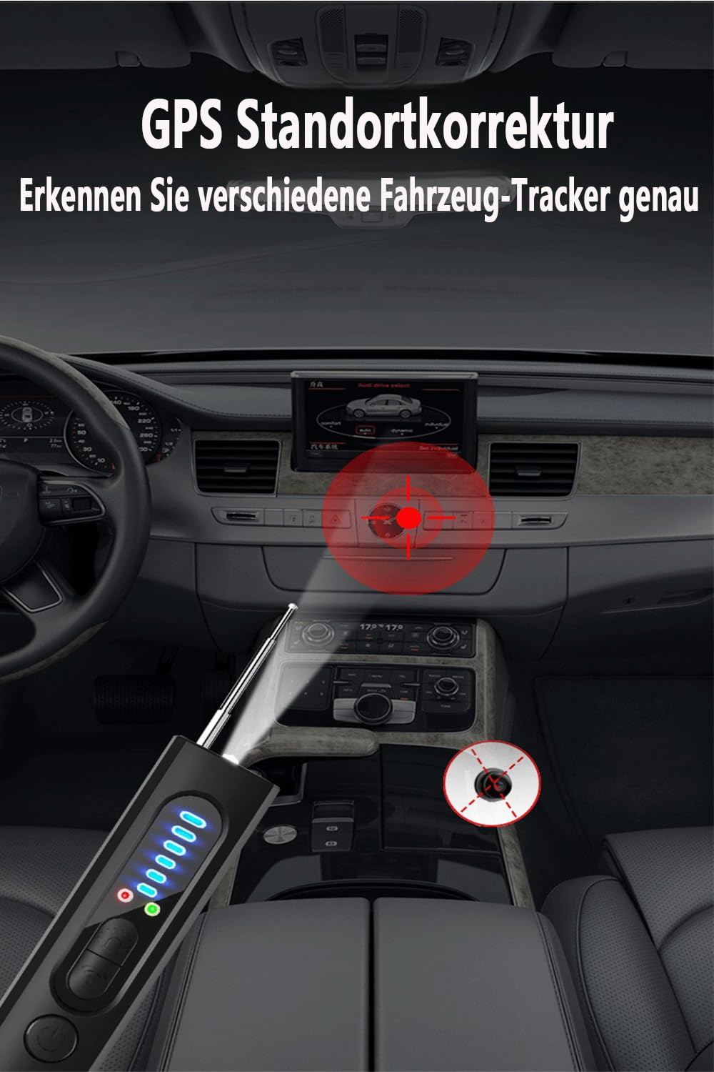 Innenraum eines Autos mit einem Gerät, das einen GPS-Tracker erkennt, mit Text auf Deutsch.