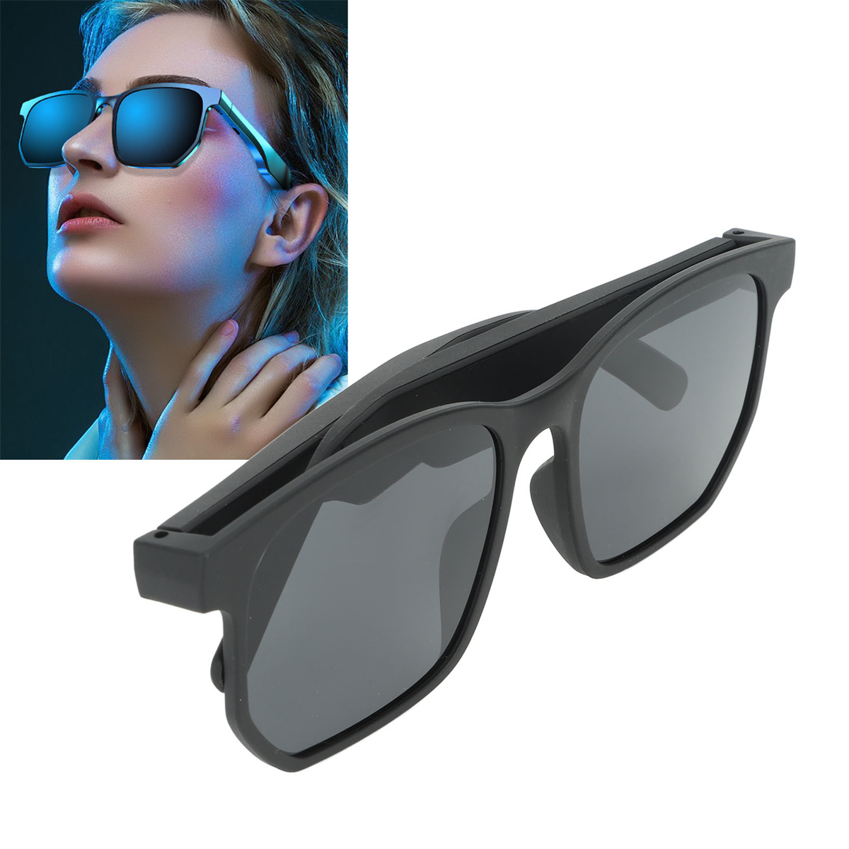 Frau mit Sonnenbrille und verschränkten Armen. Sonnenbrille an der Seite. Blauer Licht Hintergrund.