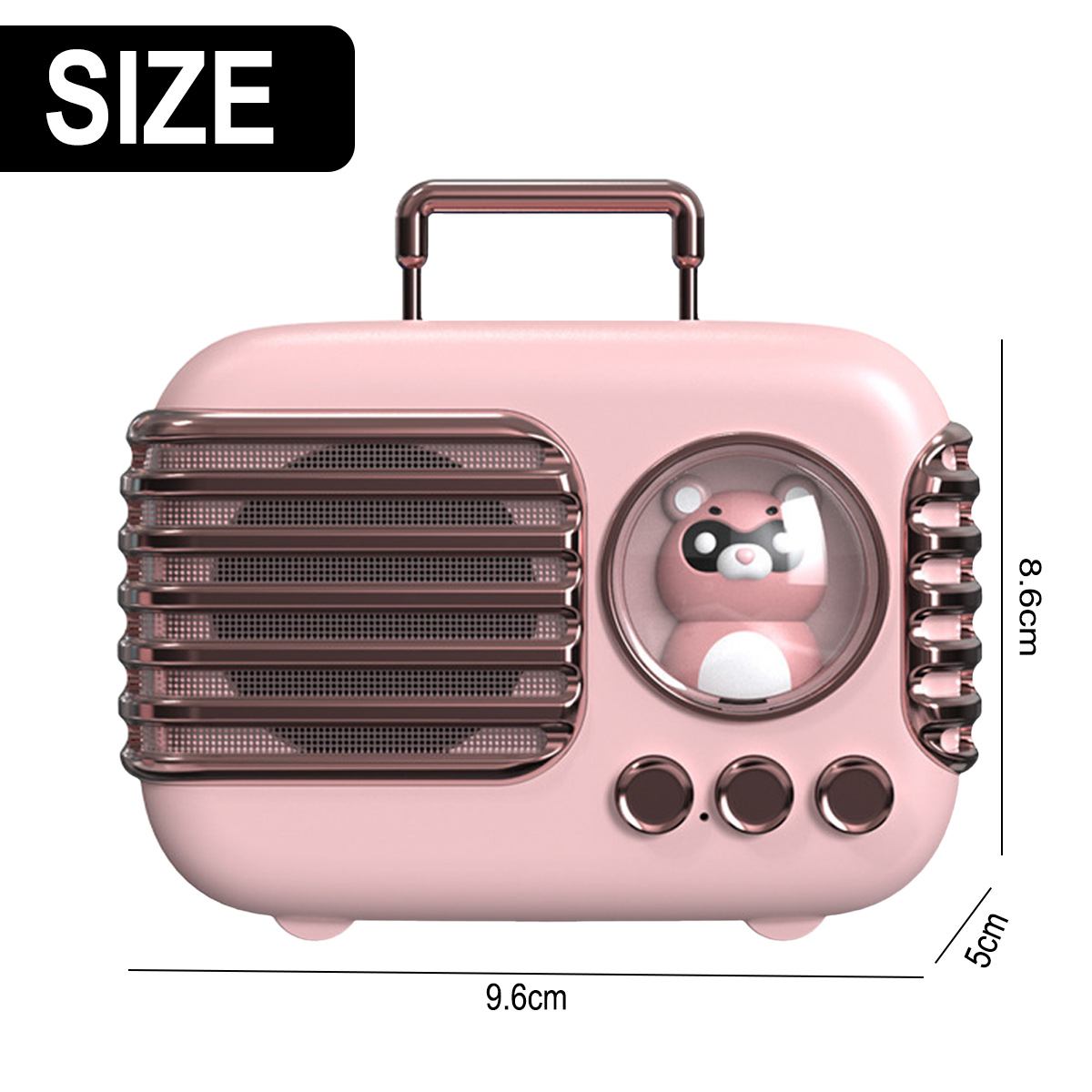 Rosa, Radio-Lautsprecher im Retro-Stil mit Bärenfigur, die durch das Fenster sichtbar ist.