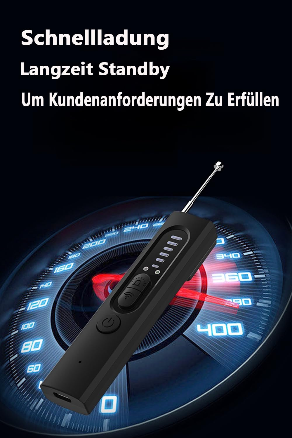 Schwarze Fernbedienung mit rotem und blauem Renndesign. Sie hat einen Knopf und befindet sich auf dem Armaturenbrett.