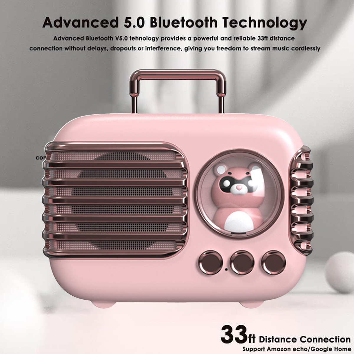 Rosa Lautsprecher im Retro-Stil mit Bären-Design und Text zur Bluetooth-Konnektivität.