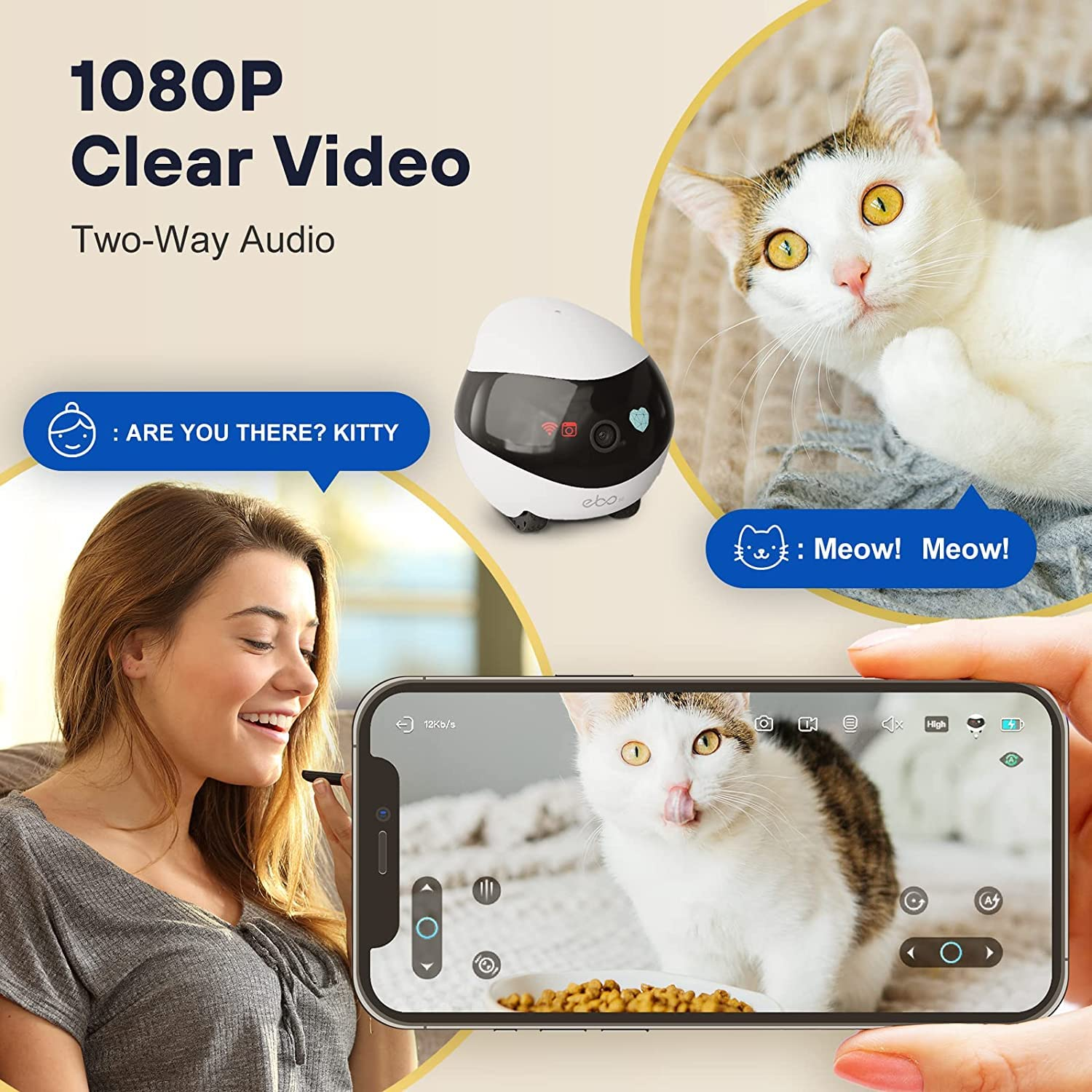 Frau, die ein Telefon benutzt, um eine Katze zu sehen. Ein Katzenkamera-Gerät befindet sich in der Mitte. Textblasen und eine Katze werden angezeigt.