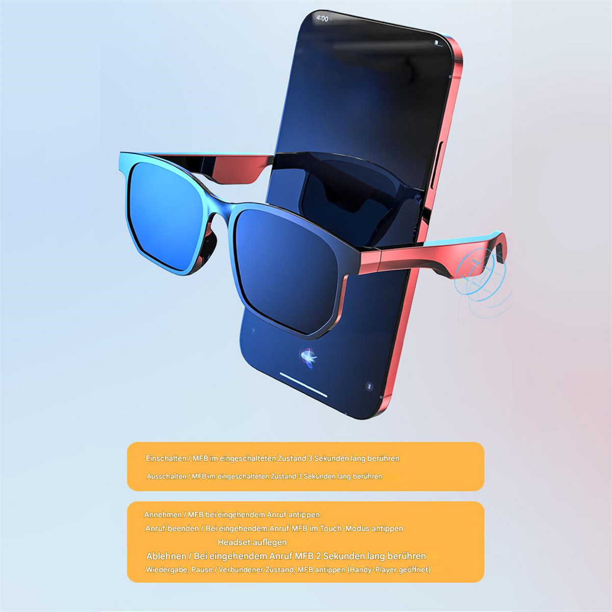 Sonnenbrille mit Telefon. Anweisungen unten, in einem rot-blauen Farbschema.