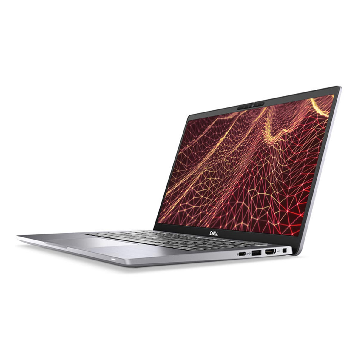 Silberner Laptop mit einem Bildschirm, der ein abstraktes rotes und gelbes Design auf weißem Hintergrund zeigt.