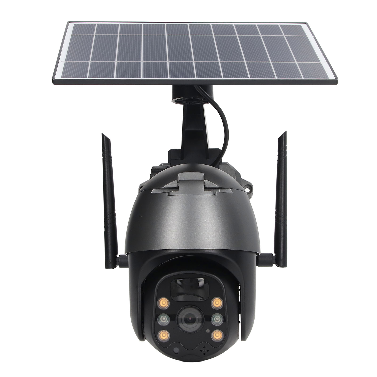 Schwarze Überwachungskamera mit Solarpanel und Antennen.