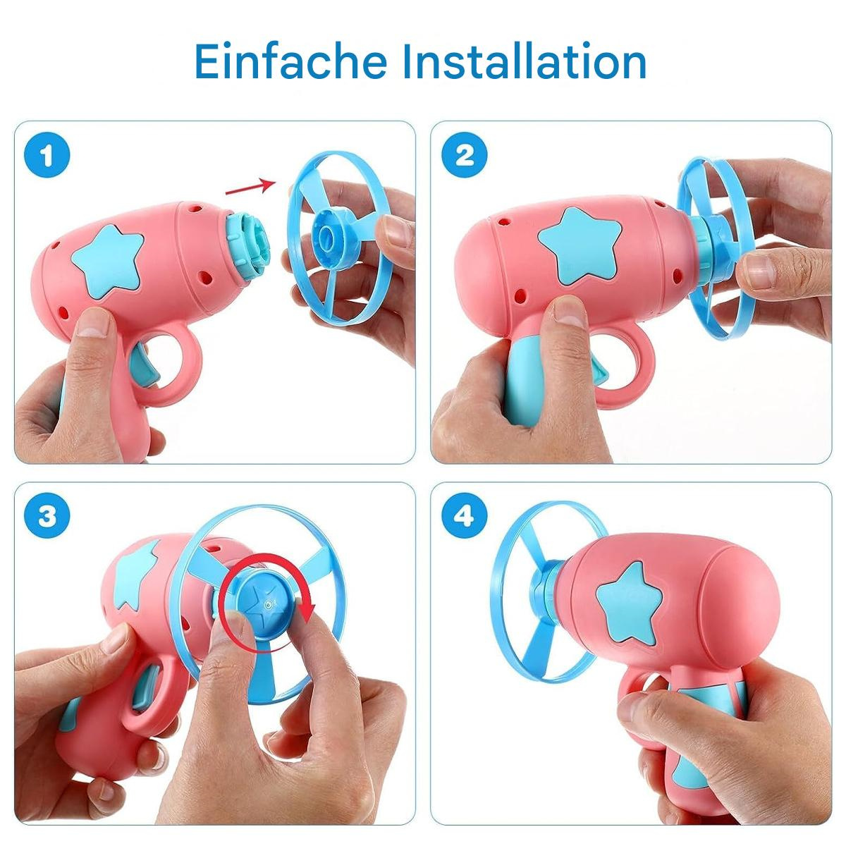 Vierteiliges Bild, das die Montage einer pinkfarbenen und blauen Spielzeugpistole mit Propeller zeigt.