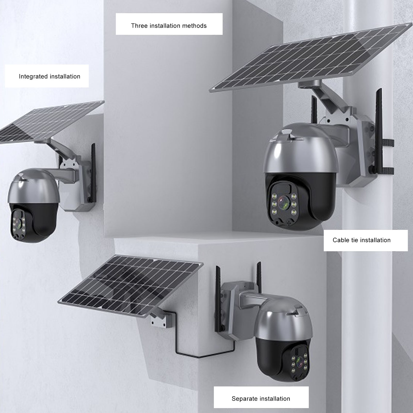 Drei solarbetriebene Überwachungskameras, die jeweils verschiedene Installationsmethoden zeigen: integriert, separat, Kabelbinder.