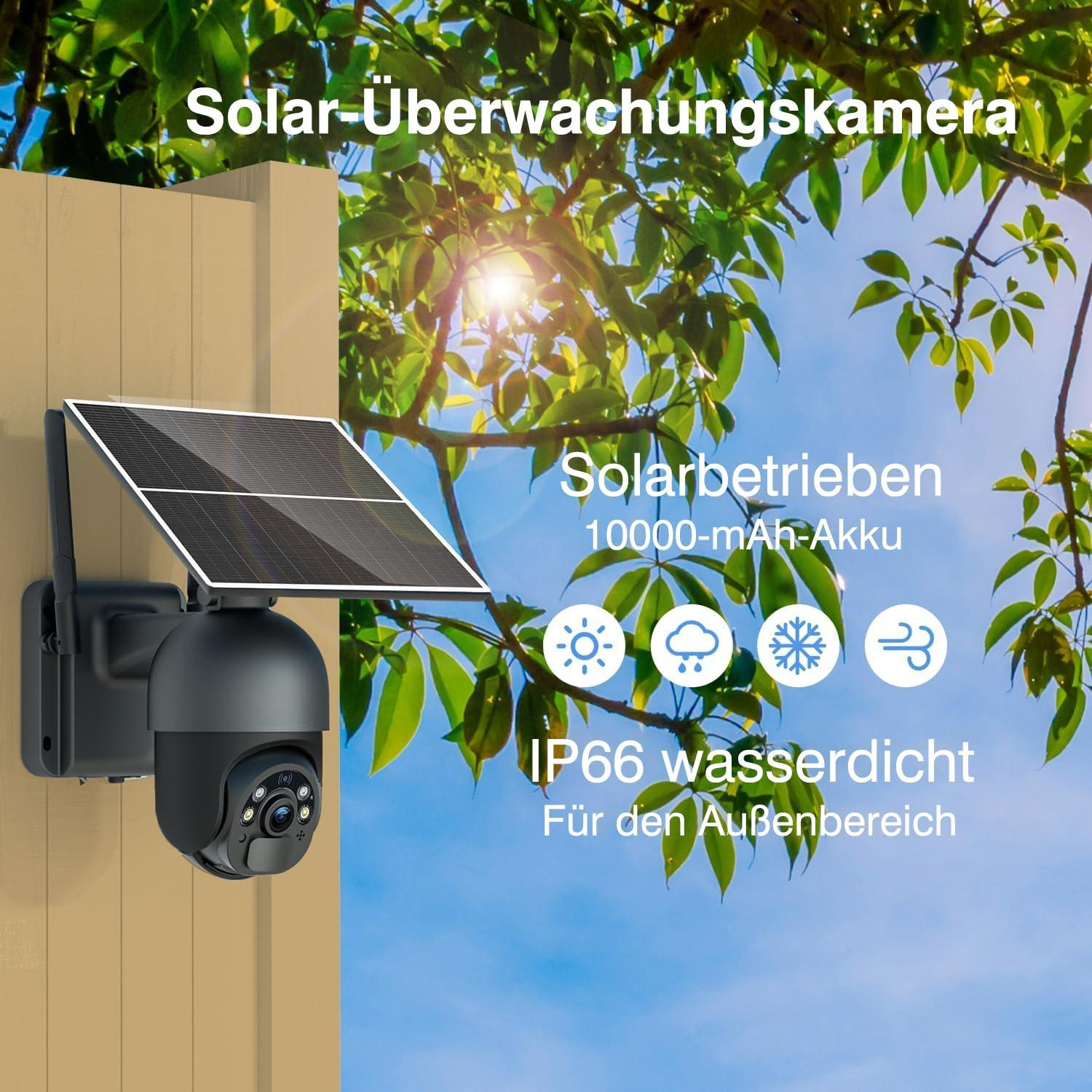 Schwarze solarbetriebene Überwachungskamera an einer beigen Wand. Sie hat ein Solarpanel und Text: IP66 wasserdicht.