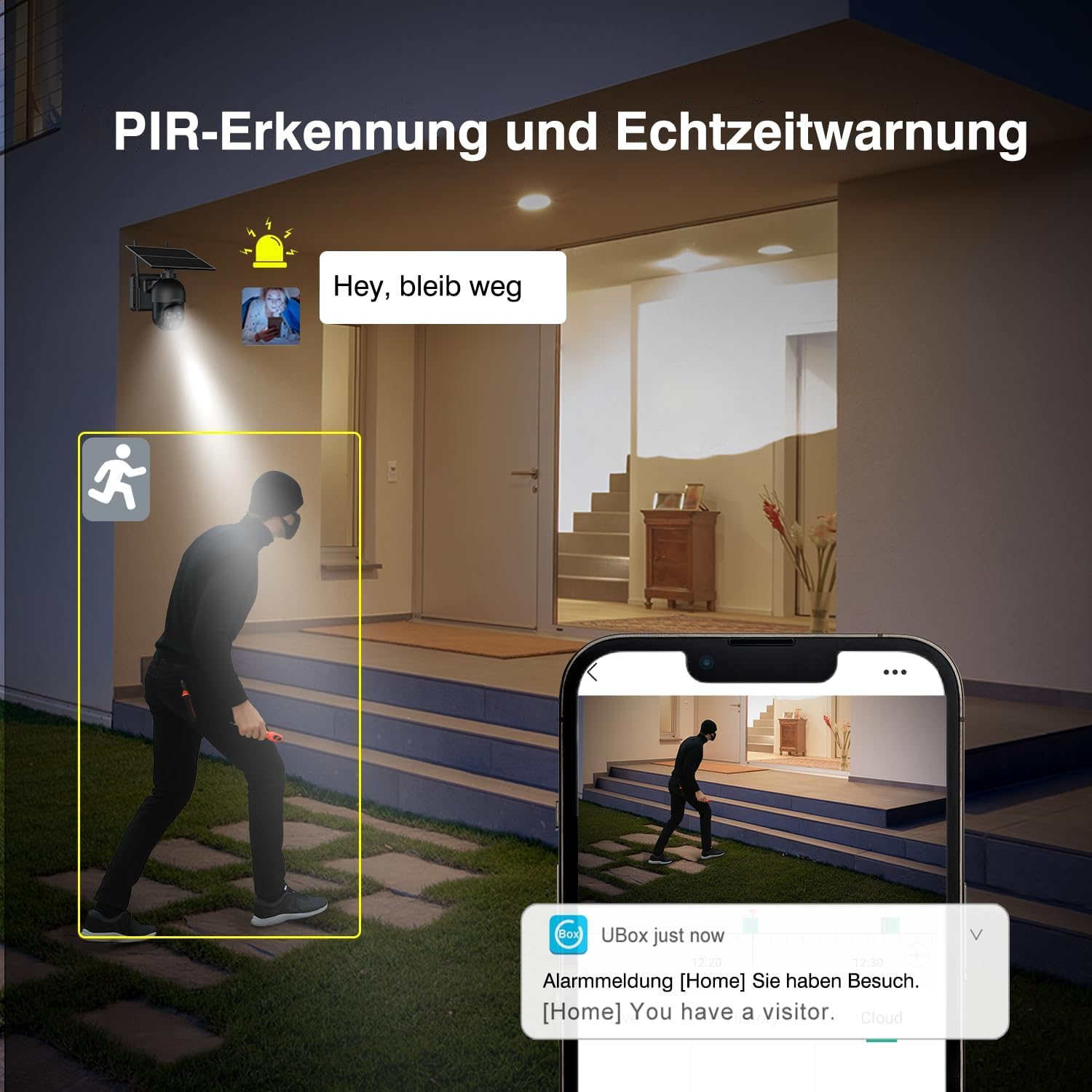 Eine Person und ein Telefon mit einem Einbrecher, Warnmeldung.