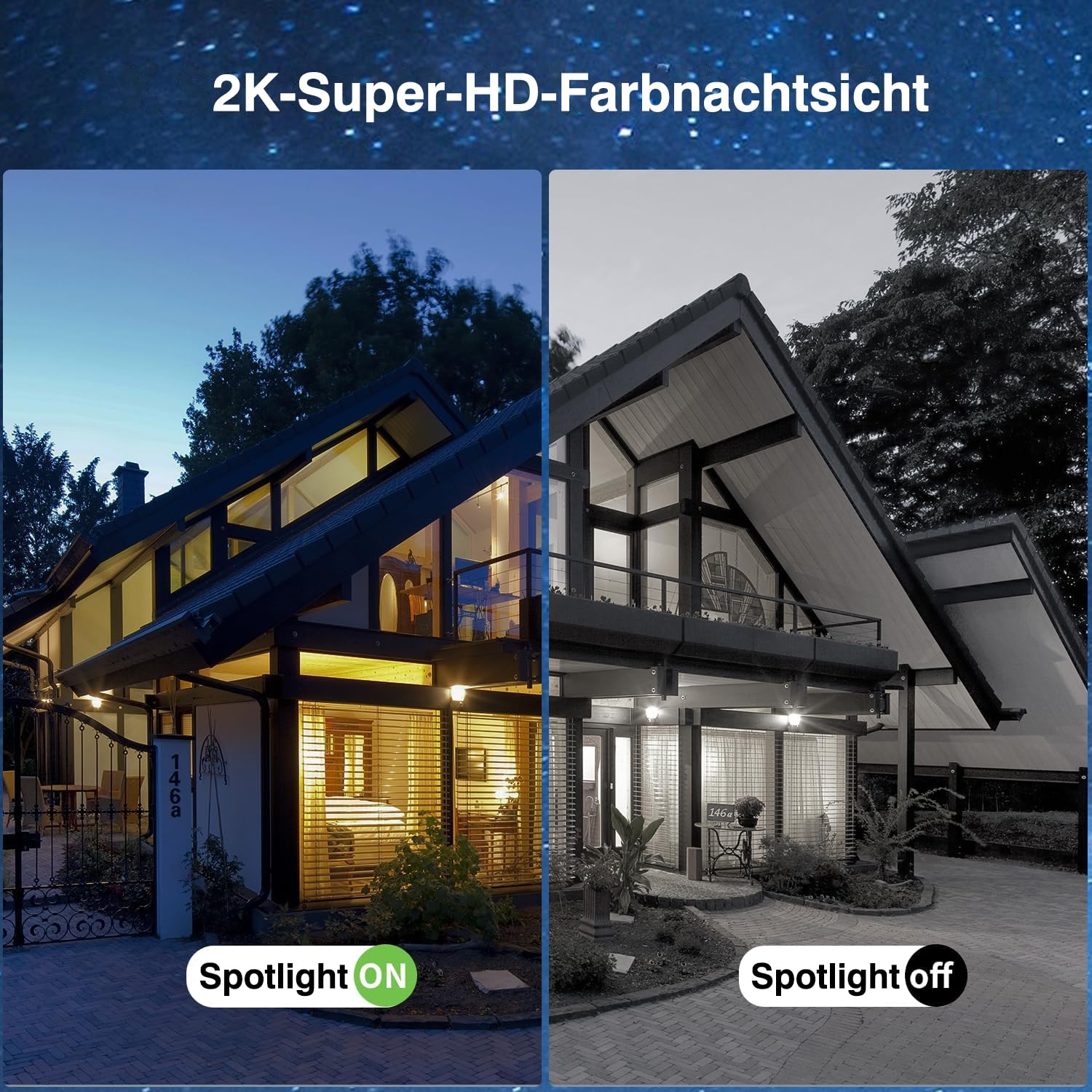 Haus bei Nacht mit Scheinwerfer an und aus. Das Haus wird in jedem Zustand unterschiedlich beleuchtet. Blauer Himmel.