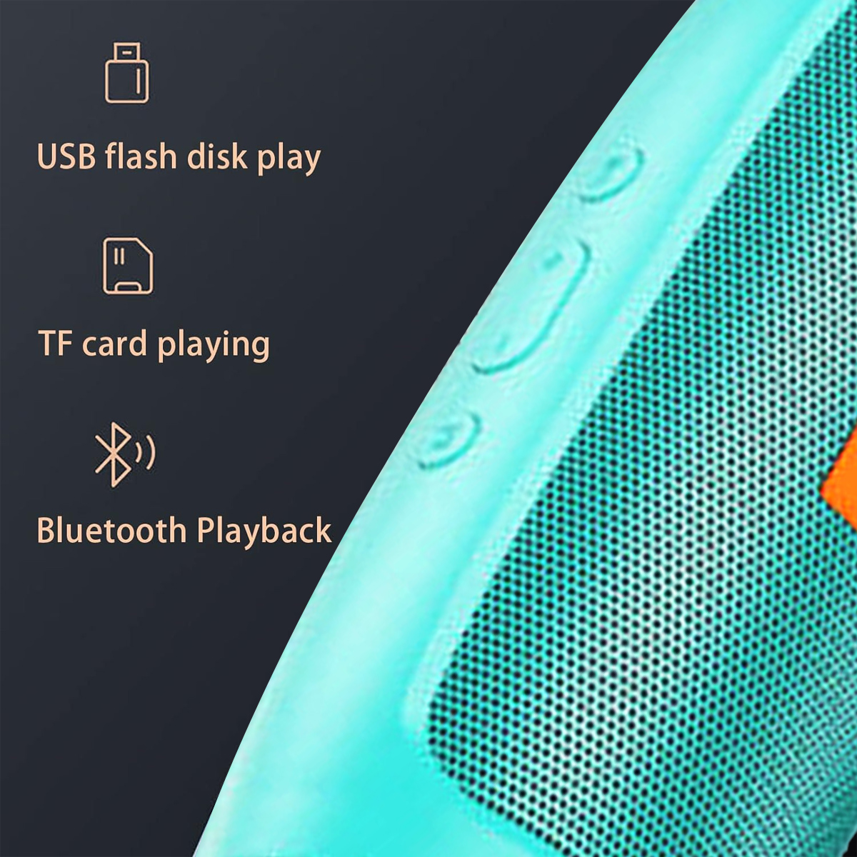Ein türkisblauer Lautsprecher mit Knöpfen und Text, der USB, TF-Karte und Bluetooth-Wiedergabe angibt.