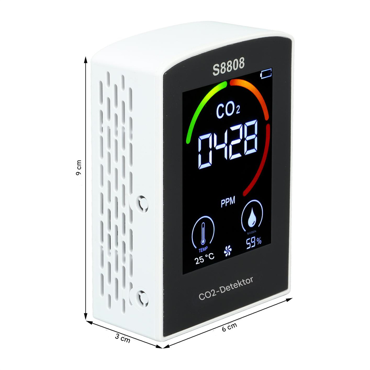 Ein CO2-Detektor, der CO2-Pegel, Temperatur und Luftfeuchtigkeit anzeigt, mit Abmessungen.