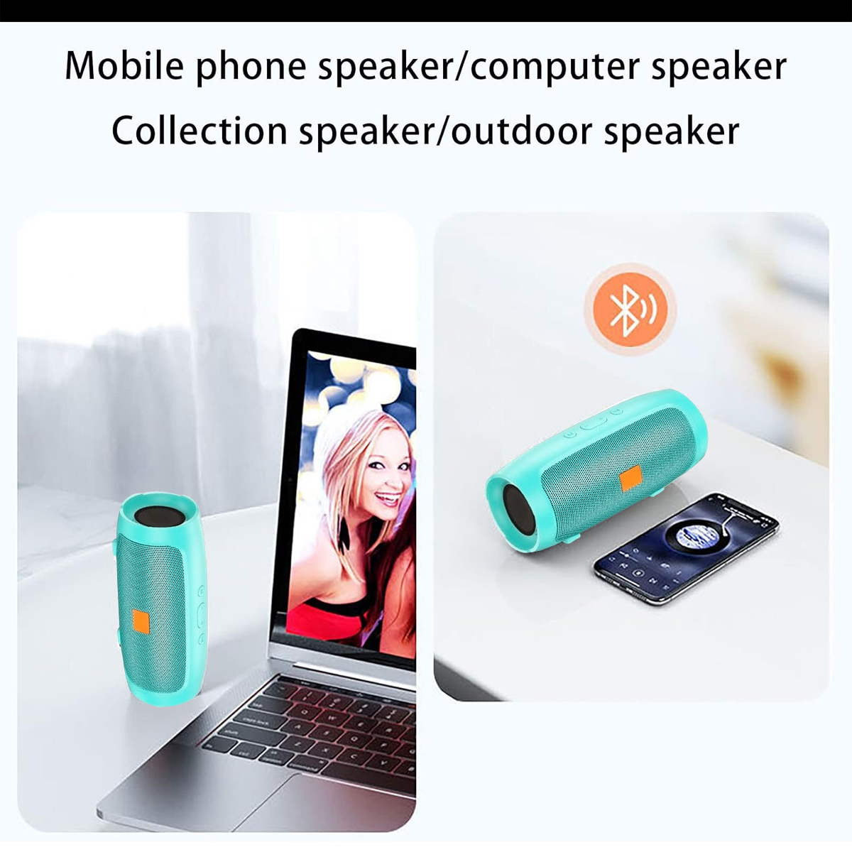 Zwei Lautsprecher, einer auf einem Tisch mit einem Laptop, der andere neben einem Telefon. Beide türkis.