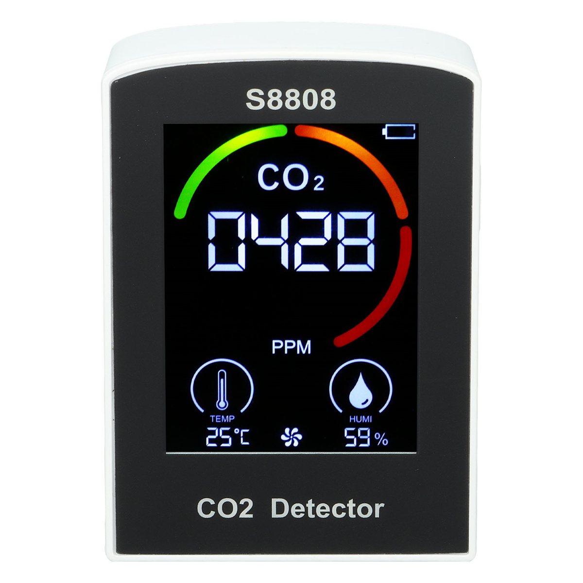 CO2-Detektor, der CO2-Pegel, Temperatur und Luftfeuchtigkeit anzeigt. Weißes und schwarzes Design.