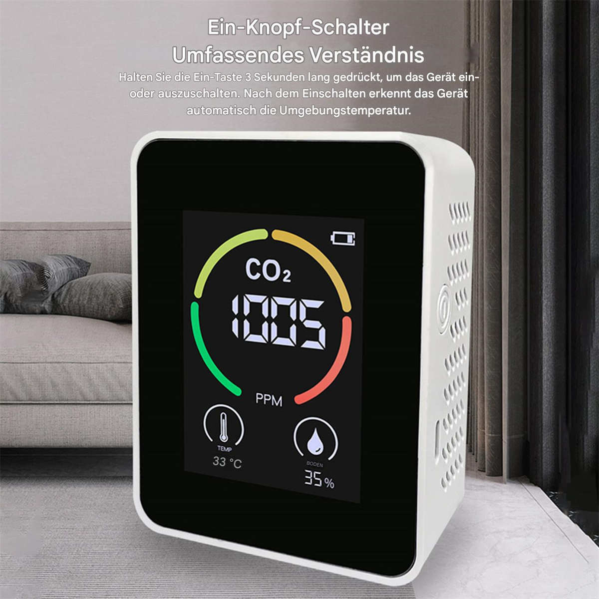 Schwarzer Monitor mit Anzeige von CO2-Werten, Temperatur und Luftfeuchtigkeit, mit Text zu einem Ein-Knopf-Schalter.