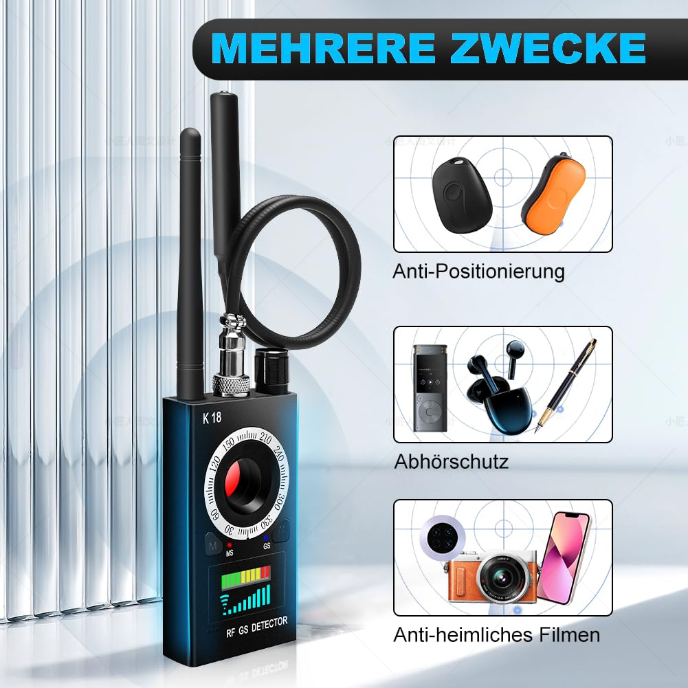 RF GS Detektor mit Antennen und einem kreisförmigen Objekt. Grafiken zeigen Anti-Positionierung, Abhören und Filmen.