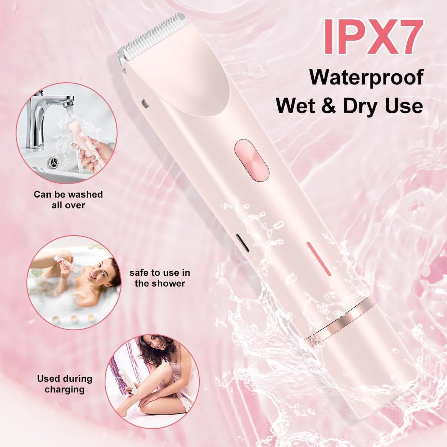 Elektrischer Rasierer in Pink. Mit Wassertropfen, waschbar, in der Dusche und beim Laden verwendbar.