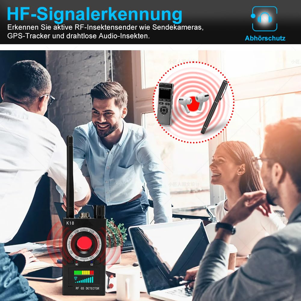 Personen in einem Raum mit einem Gerät, das HF-Signale erkennt. Anzeige zeigt ein Messgerät und andere potenzielle Geräte.
