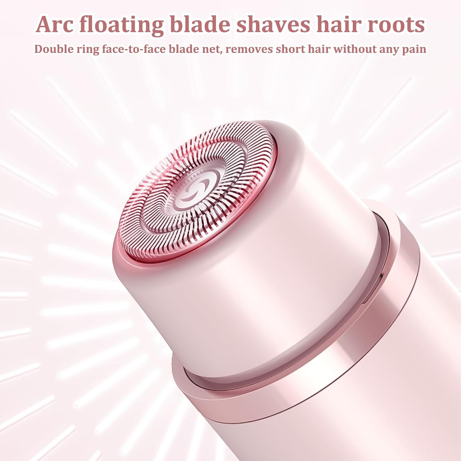 Nahaufnahme eines rosa elektrischen Rasiererkopfes. Der Text lautet 'Arc Floating Blade Shaves Hair Roots'.