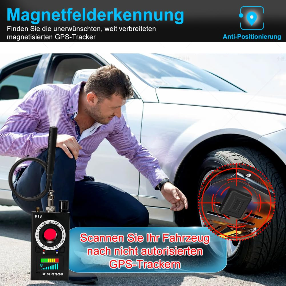 Mann, der einen GPS-Tracker-Detektor in der Nähe eines Autos benutzt.