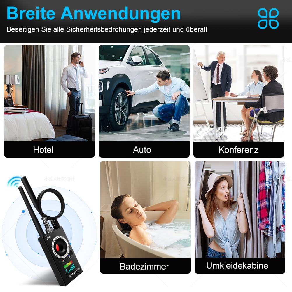 Sechs Bilder, die verschiedene Anwendungen eines Detektionsgeräts in verschiedenen Umgebungen zeigen.