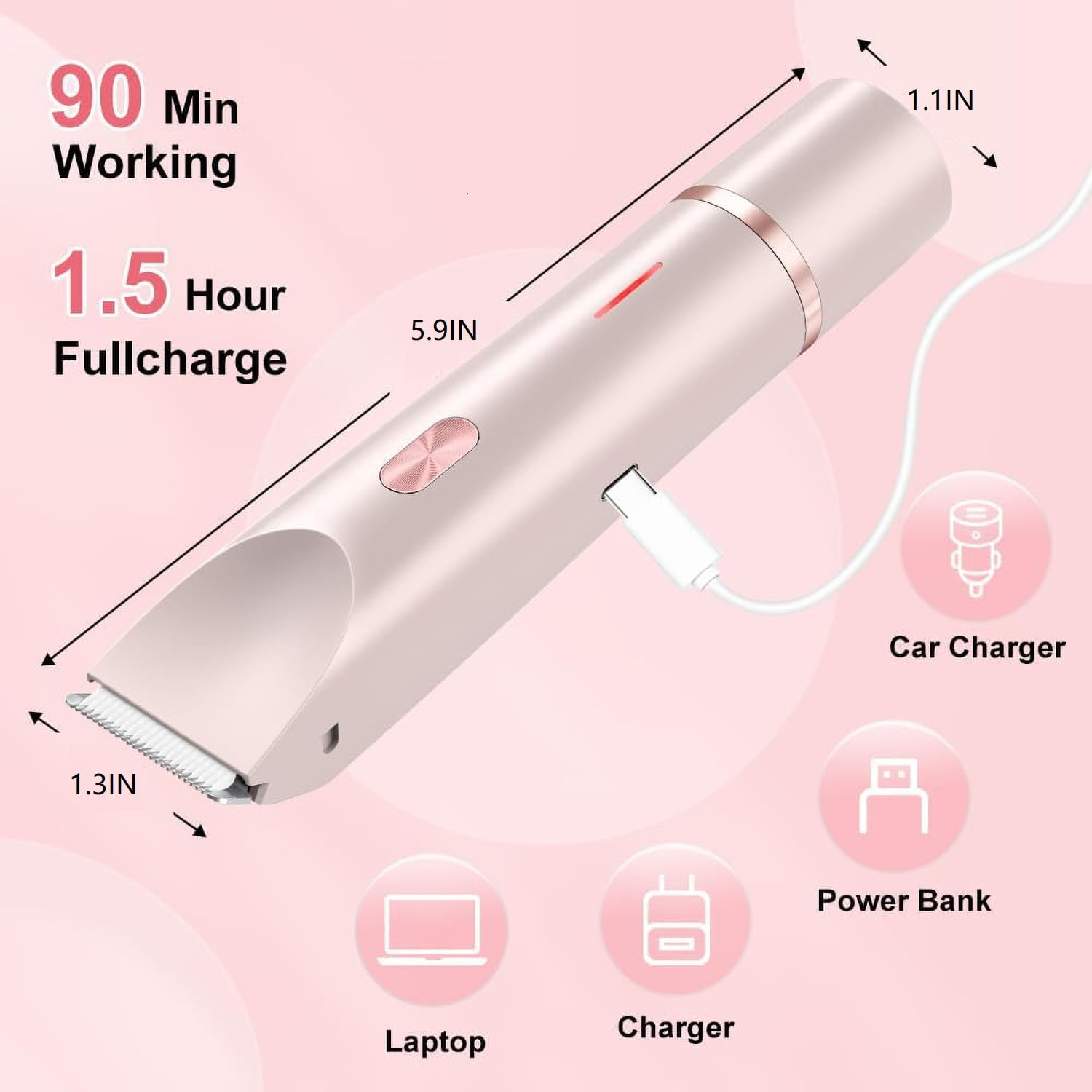 Rosa-weißer elektrischer Haartrimmer mit Ladeinformationen und Zubehörsymbolen.