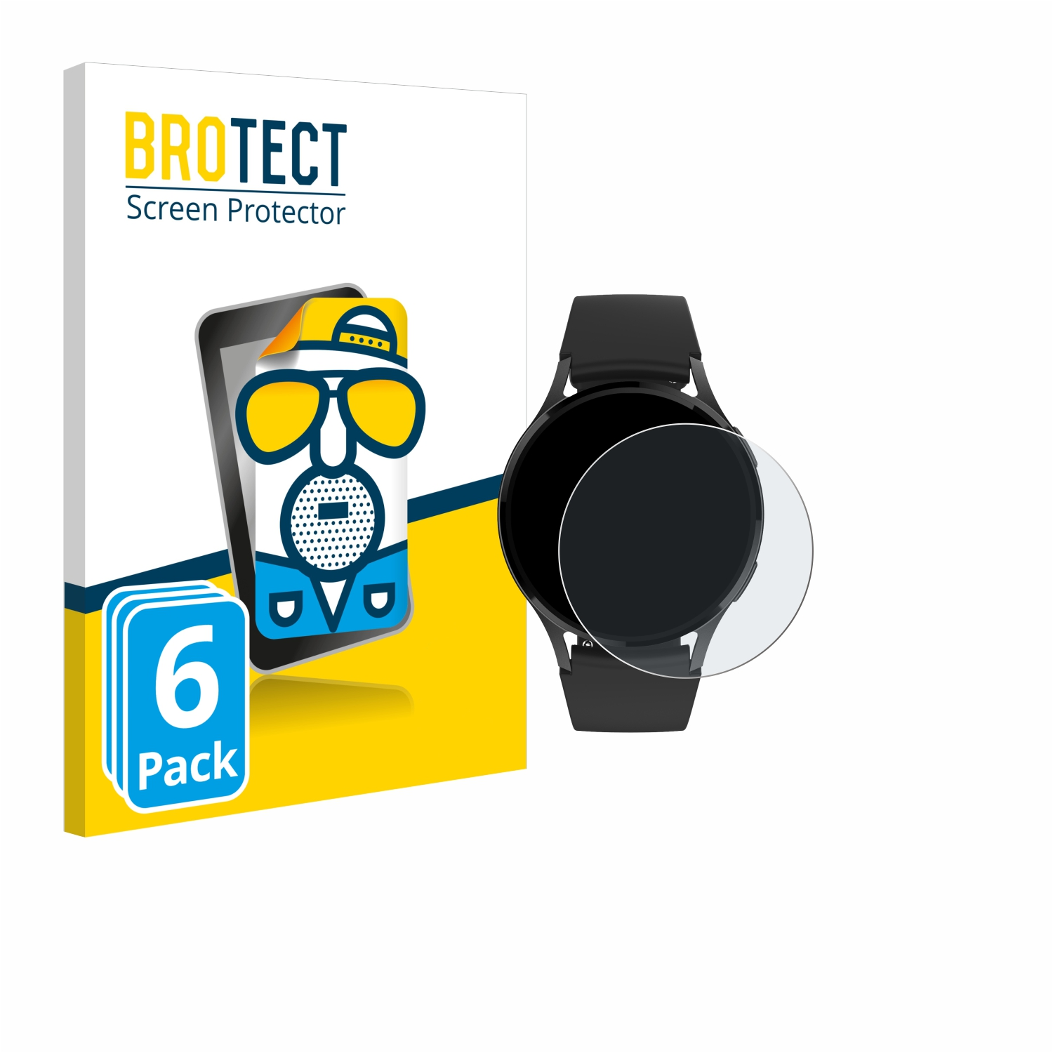 Eine Smartwatch mit Displayschutz und eine Box mit einem Cartoon-Bild.