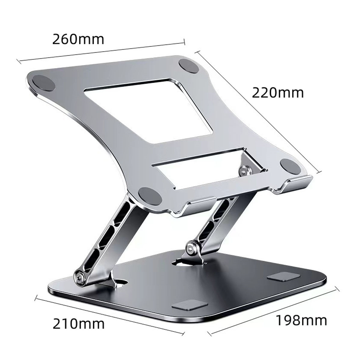Ein silberner Laptopständer mit Maßangaben. Er hat einen rechteckigen Fuß und einen verstellbaren Arm.